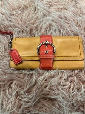 Coach Yellow Leather Clutch Wallet with Coral Buckle Strap